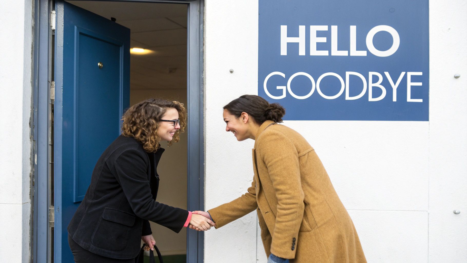 Two smiling women shake hands in front of a blue 'HELLO GOODBYE' sign and a blue door.
