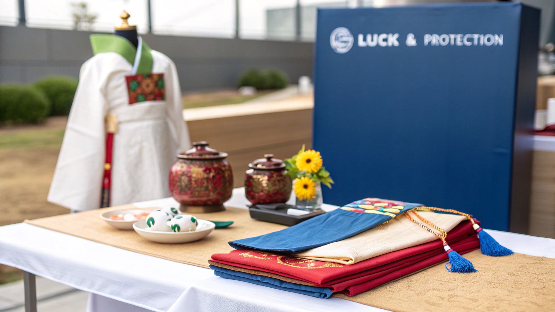A table displaying traditional Korean items like a hanbok, ornate jars, desserts, flowers, and colourful fabrics with tassels.
