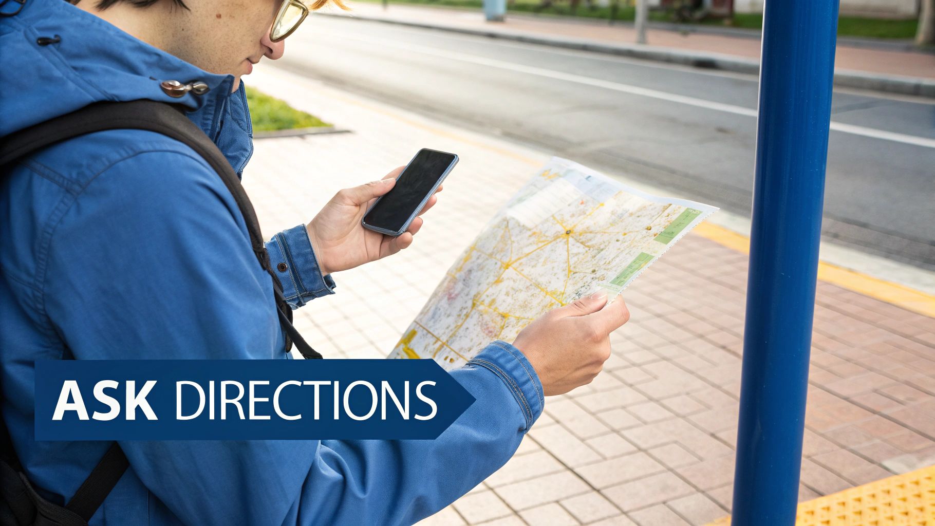 A young man in a blue jacket holding a smartphone and a paper map, looking for directions.