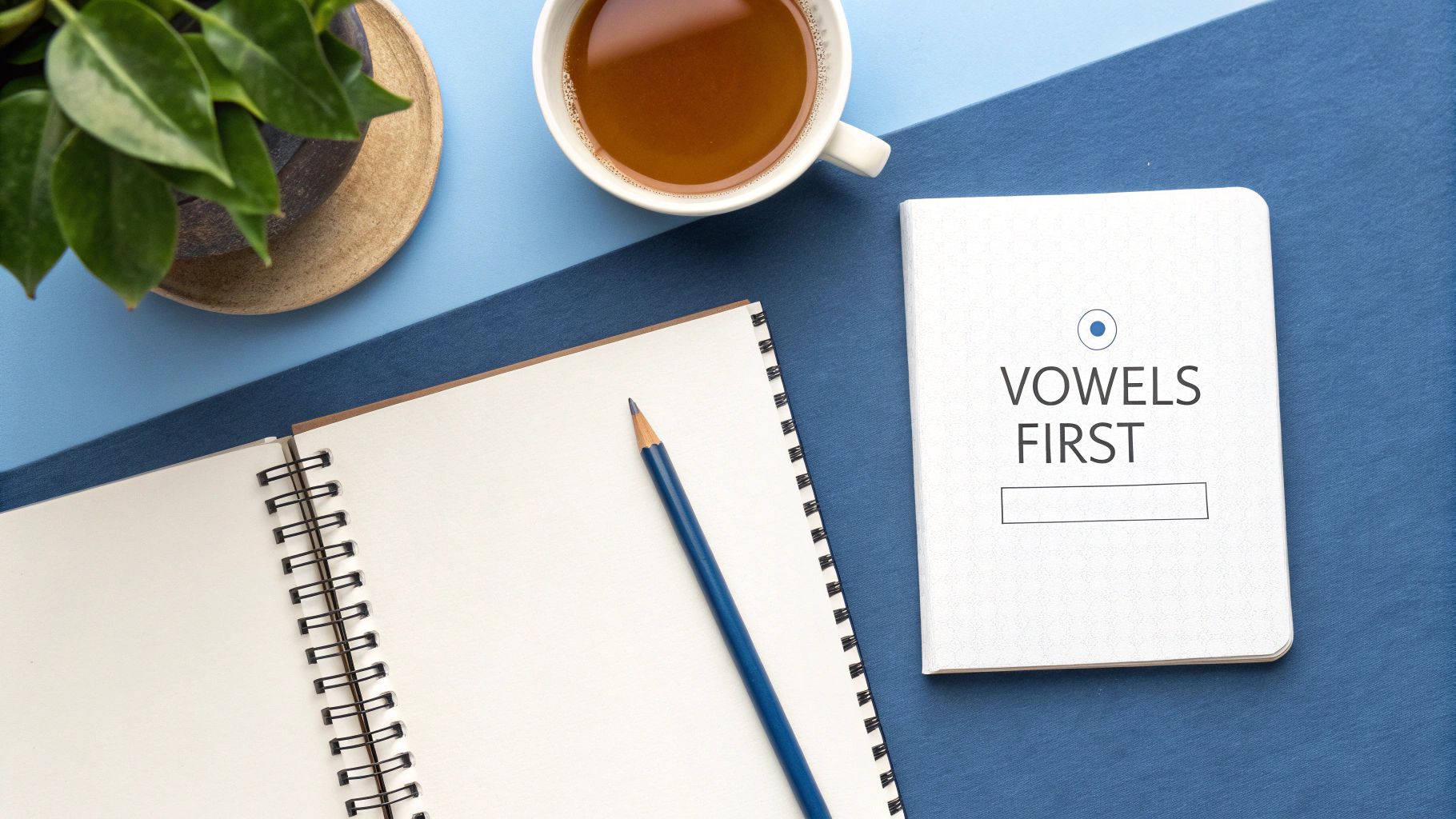A flat lay of a blue desk with a plant, coffee, open notebook, pencil, and 'VOWELS FIRST' booklet.