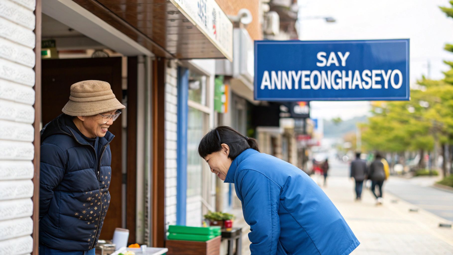 Two smiling people, one inside a shop, one bowing outside, beneath a 'SAY ANNYEONGHASEYO' sign.