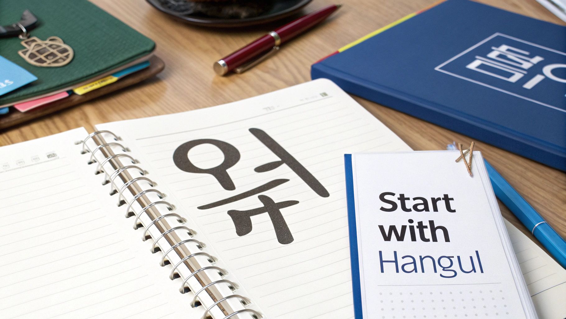 Korean Hangul learning materials with notebook showing Korean characters and study resources on wooden desk