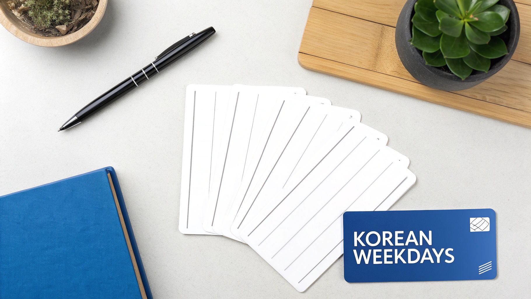 A flat lay of study materials including flashcards, a pen, a blue book, and potted plants.