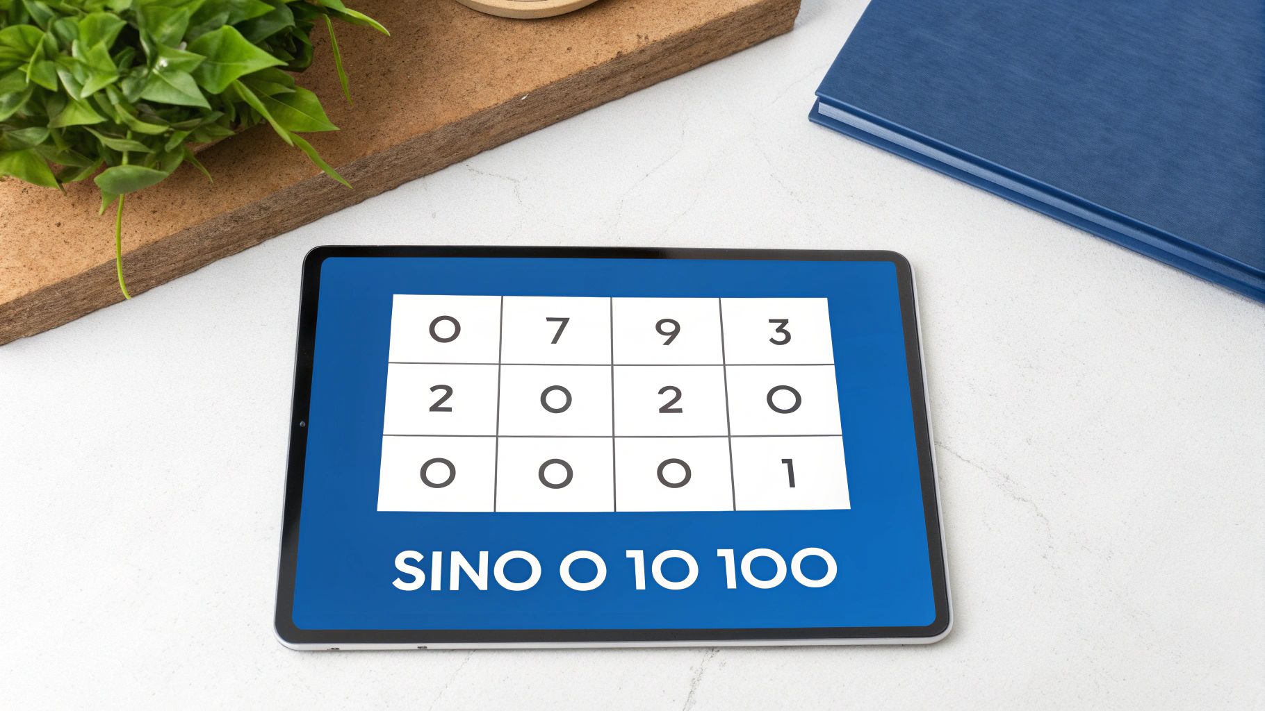 A tablet displays a blue screen with a grid of numbers and 'SINO O 10 100', next to a plant and a book.