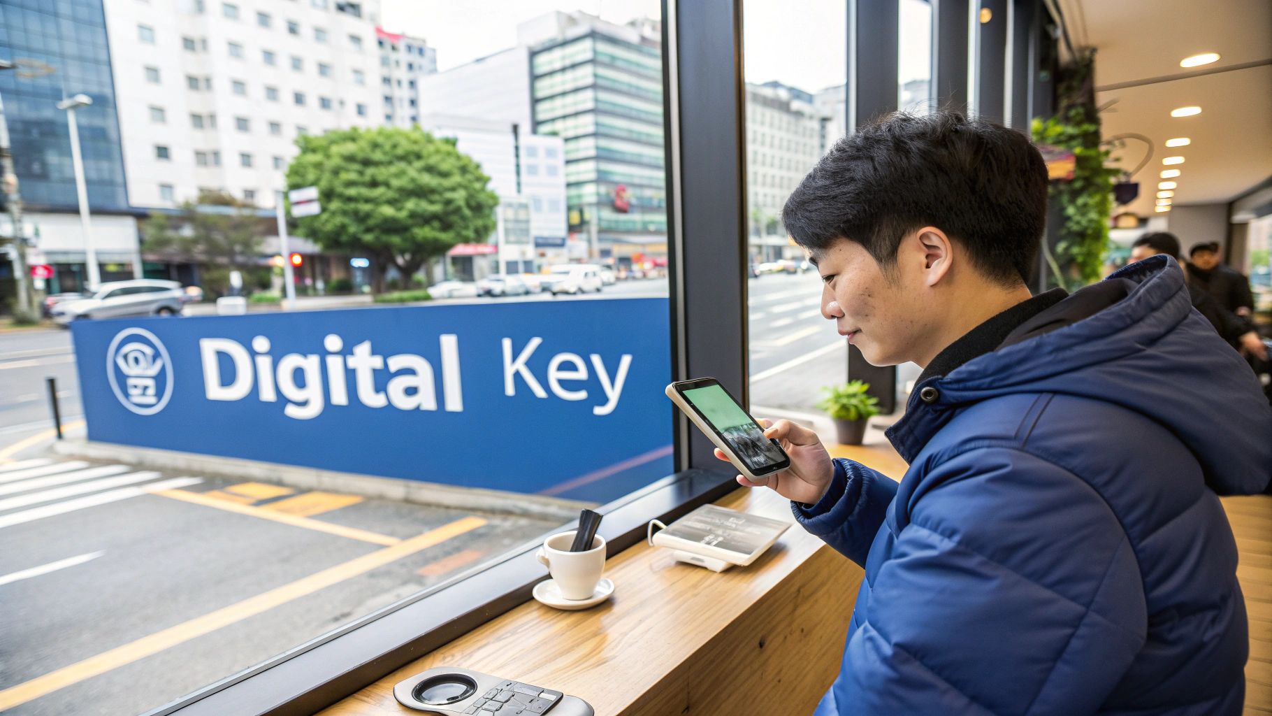 A man in a blue jacket looks at his phone inside, with a 'Digital Key' sign visible outside.