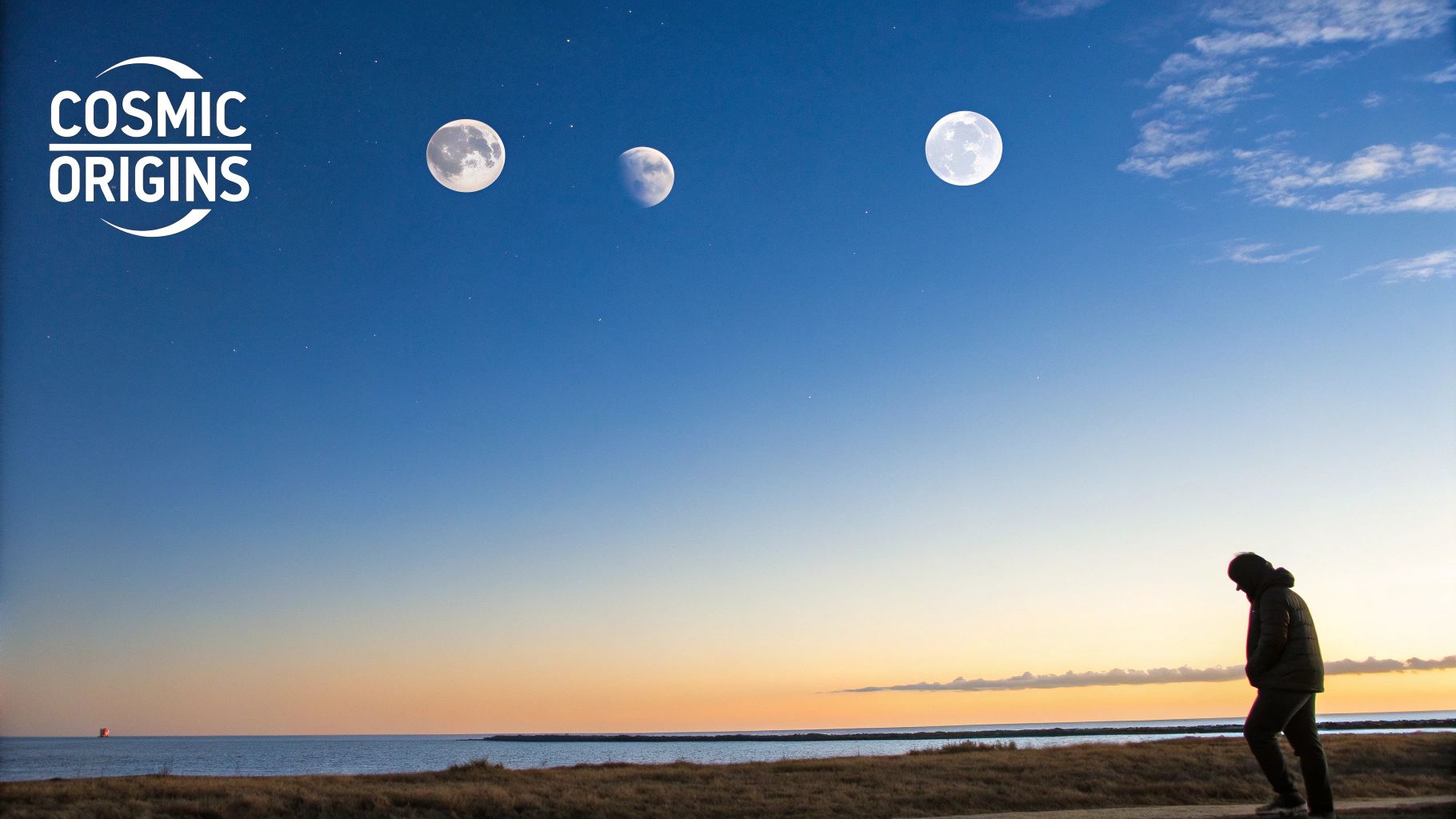 A person walks along a coast at sunset with three moons in the sky and a 'Cosmic Origins' logo.