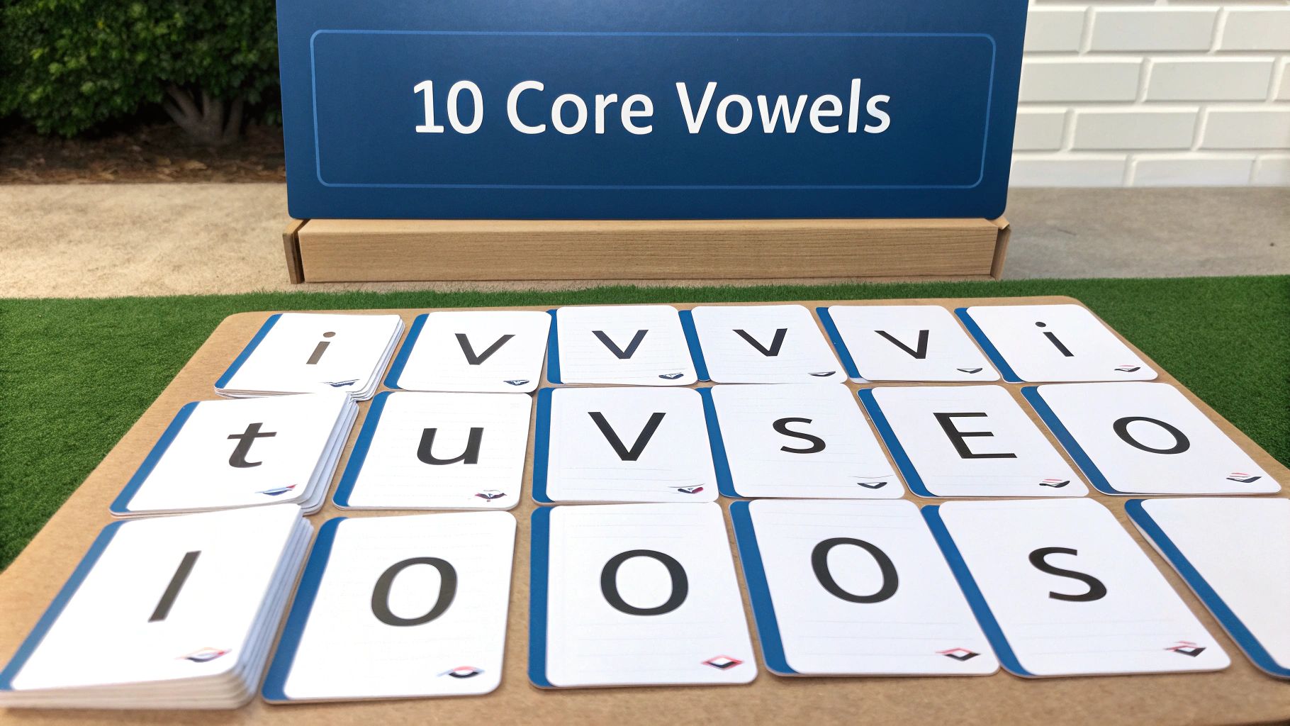 A learning display showing a '10 Core Vowels' sign and multiple letter flashcards laid out.