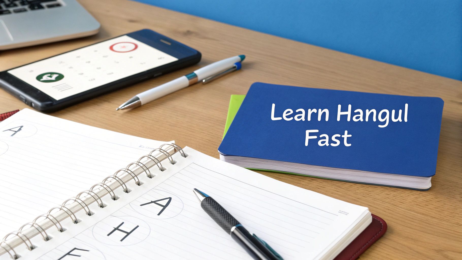 A flat lay of a study desk with a "Learn Hangul Fast" notebook, an open journal, pen, and smartphone.