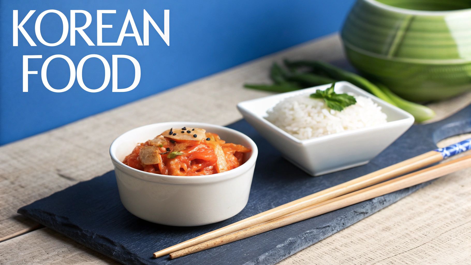 A vibrant bowl of Korean red noodle dish, white rice, and chopsticks on a wooden table.
