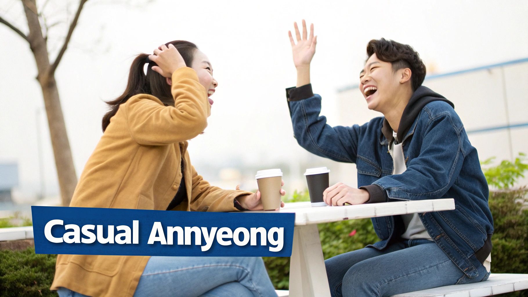 Two young people happily laughing and interacting at an outdoor table with coffee cups.