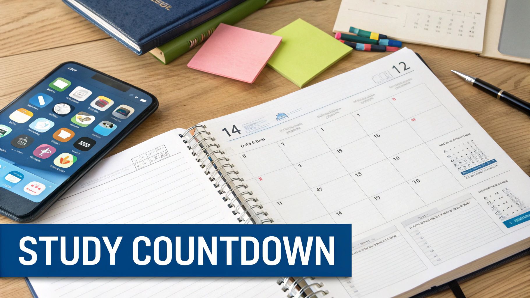 An open calendar, smartphone, books, and sticky notes on a wooden desk, highlighting study countdown.