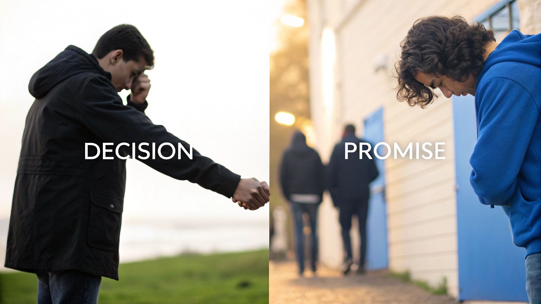 Split image showing two young men, one making a decision and another contemplating a promise.