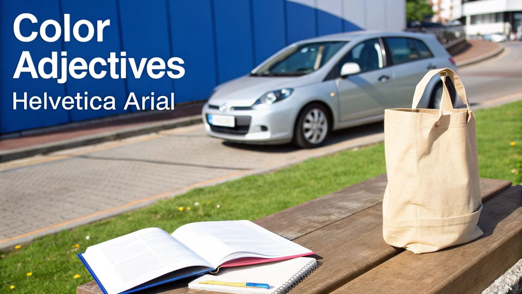 Text 'Color Adjectives Helvetica Arial' on blue, a silver car, open book, and tote bag on a bench.