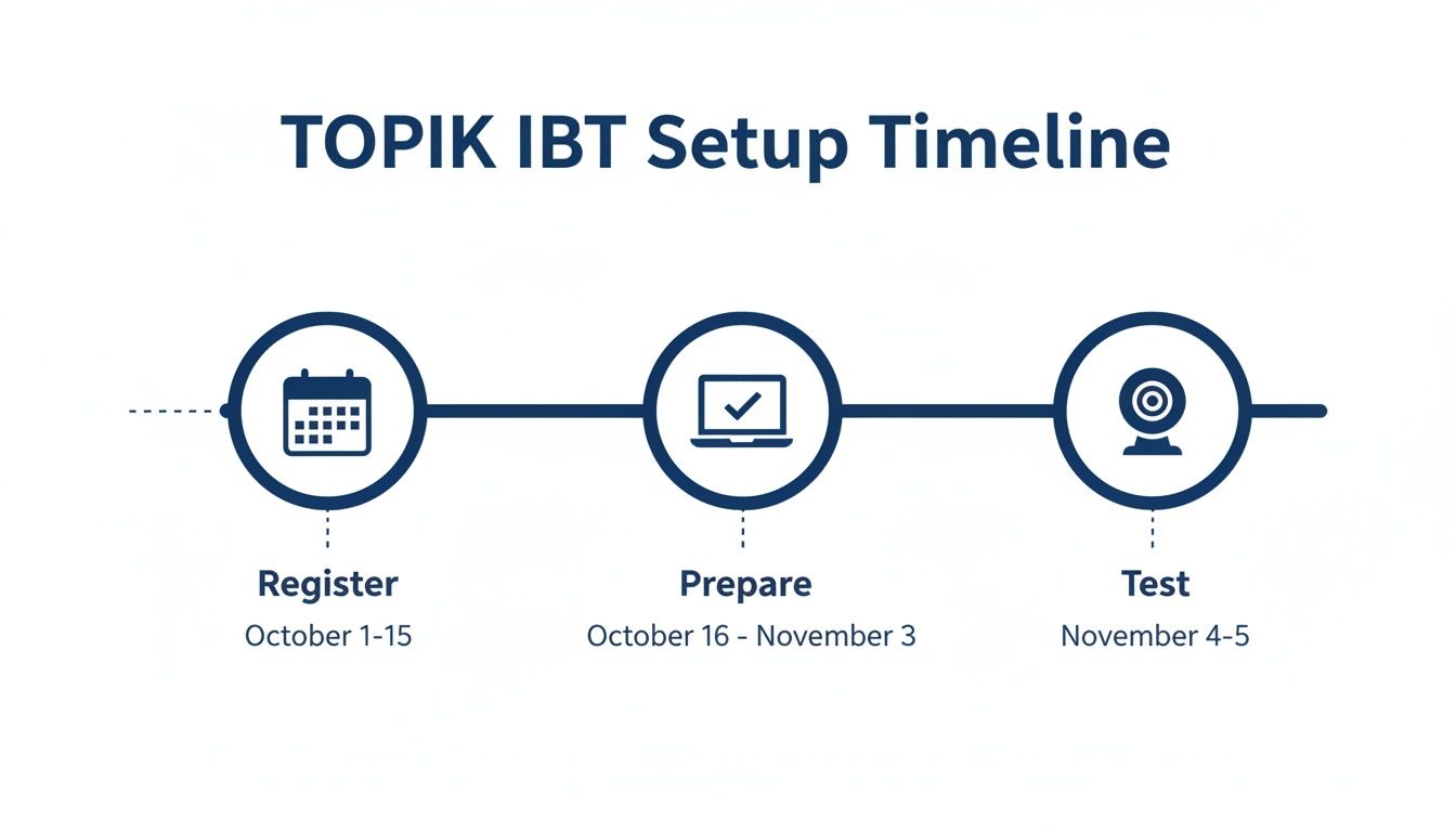 A timeline graphic outlining the TOPIK IBT setup process with key dates for registration, preparation, and the test.
