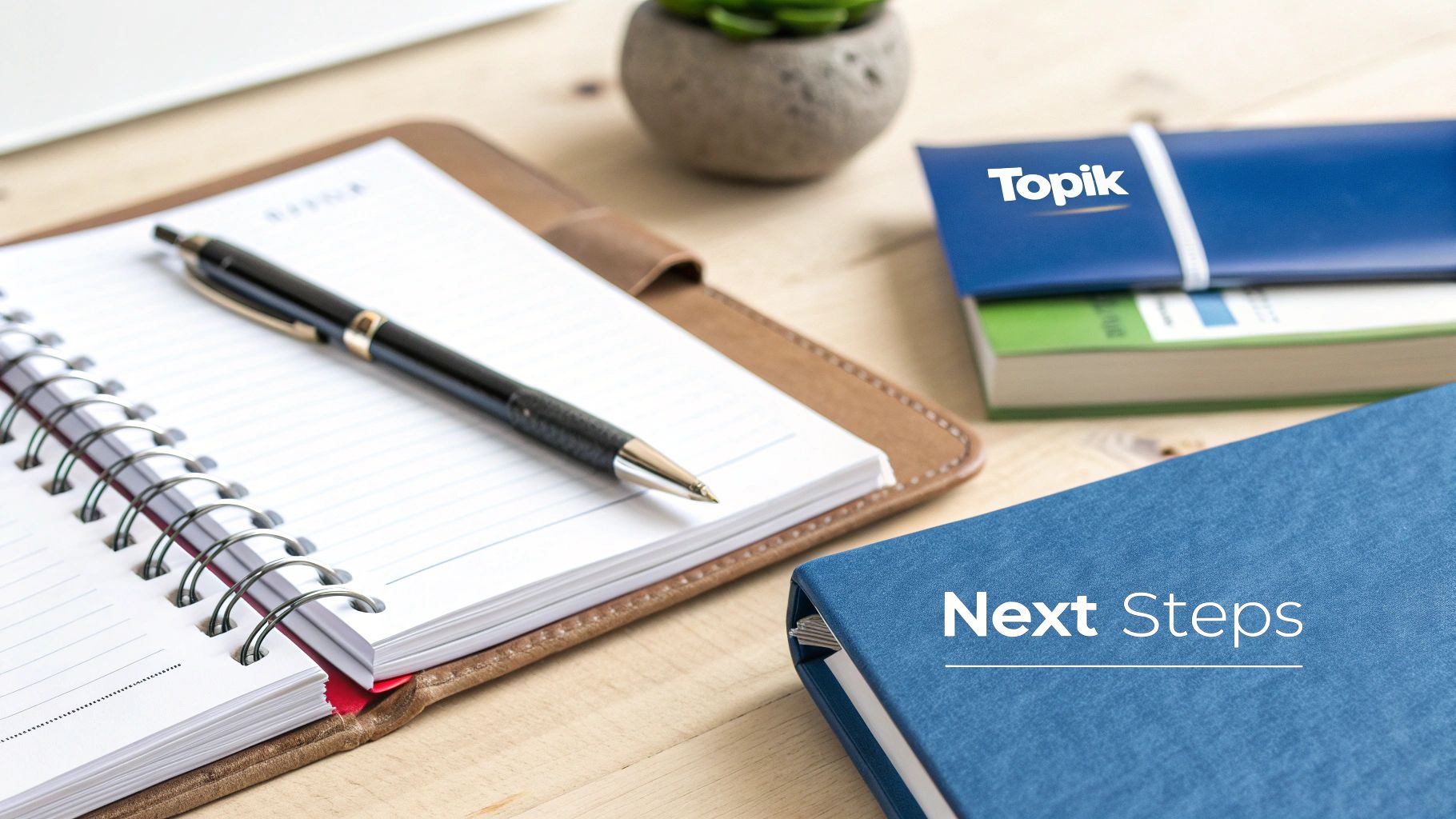 A flat lay of a study desk with an open notebook, pen, 'Next Steps' and 'Topik' books.