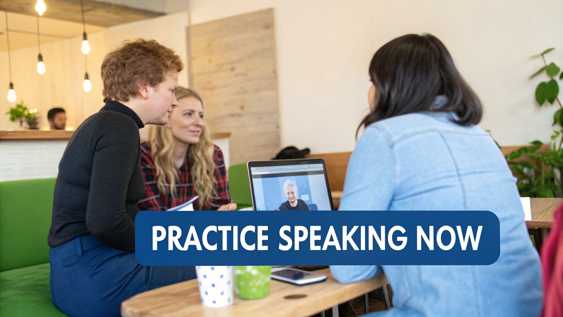 Three women participate in an online language lesson, practicing speaking with a tutor via laptop.