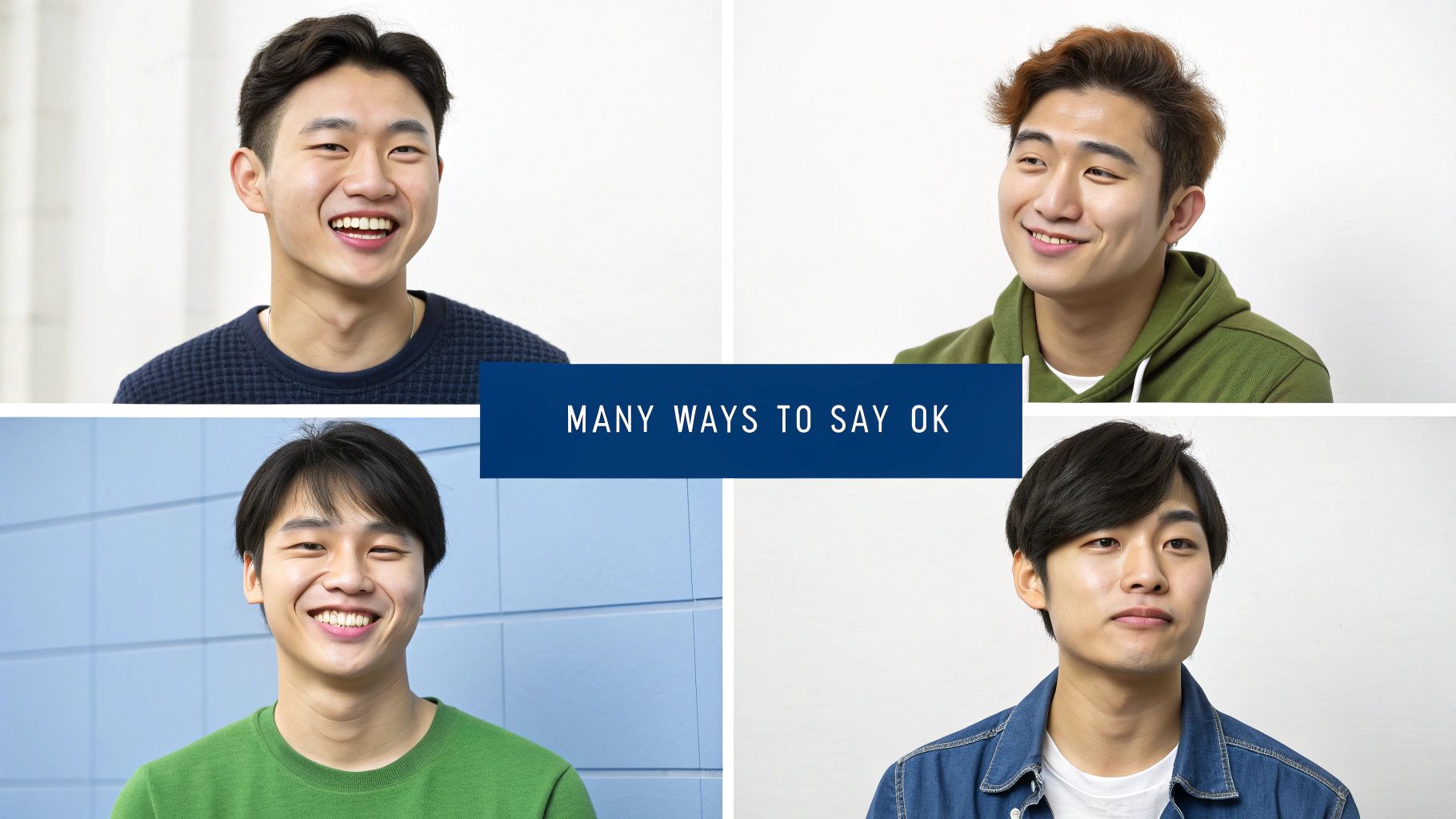 Four young Asian men with varied expressions, centered around a banner stating 'MANY WAYS TO SAY OK'.