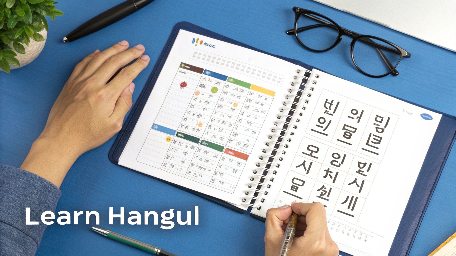 A person writing Korean Hangul characters in a notebook on a blue desk, learning the language.