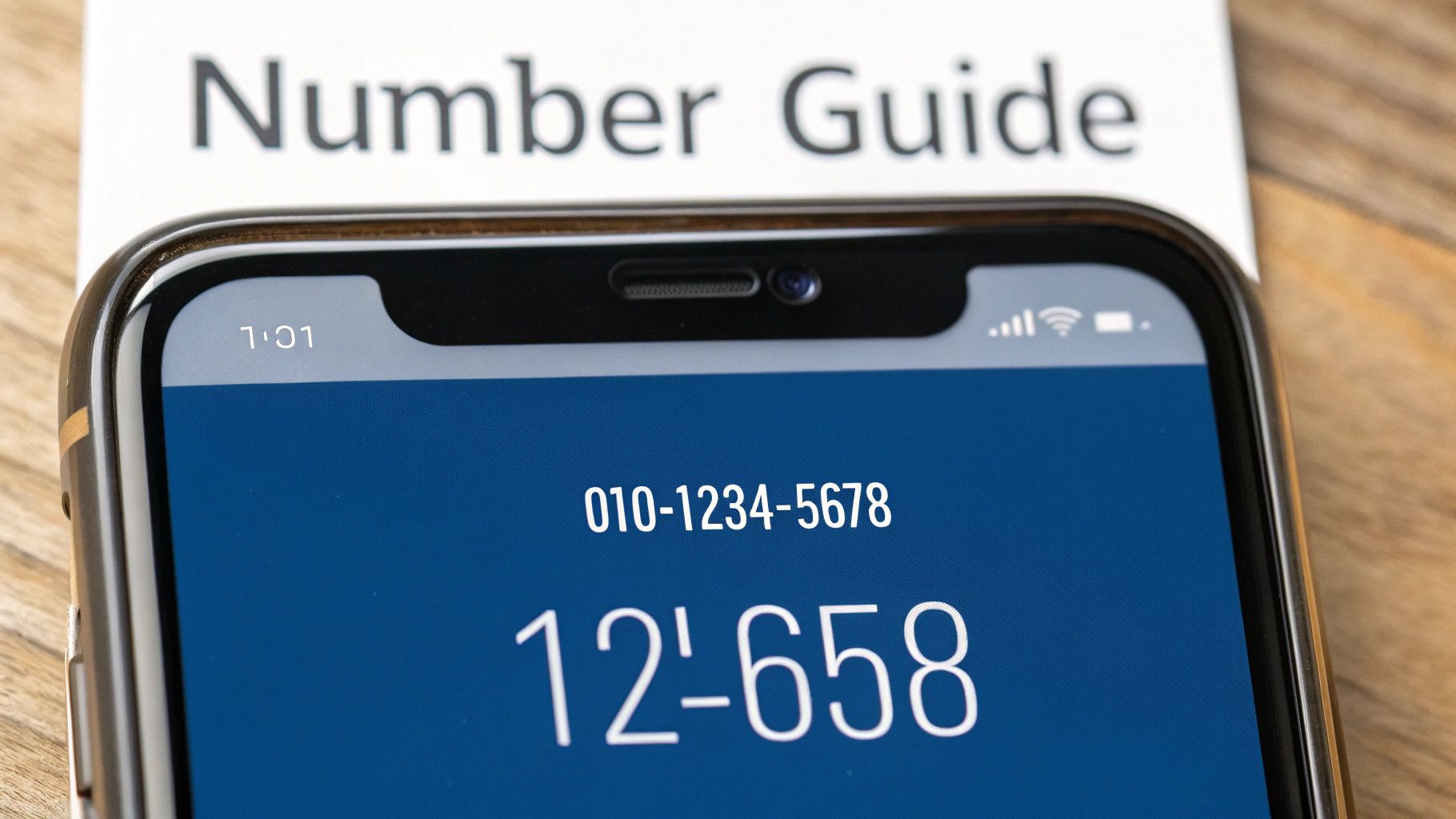 A close-up of a smartphone displaying a Korean phone number 010-1234-5678, with 'Number Guide' in the background.