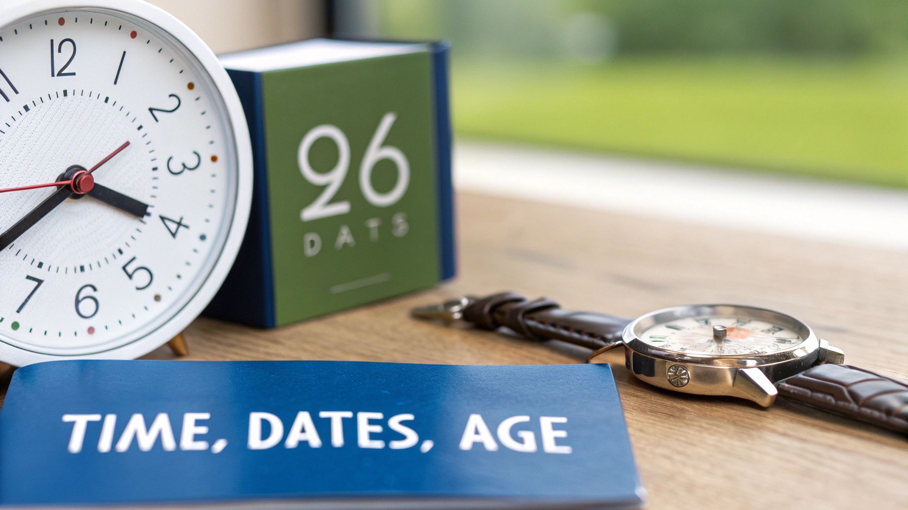 A table with an alarm clock, a '96 DAYS' calendar, a wristwatch, and a 'TIME, DATES, AGE' book.