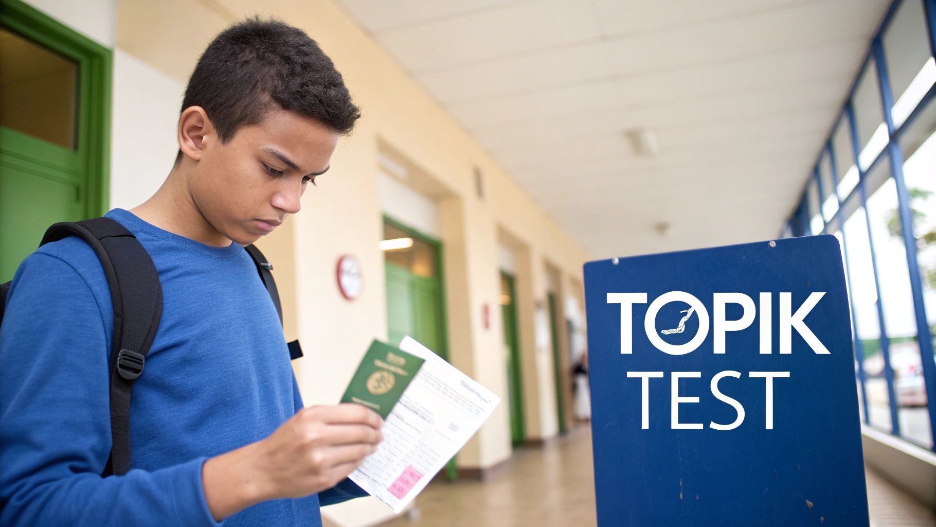 A young man examines a passport and test papers next to a TOPIK TEST sign.
