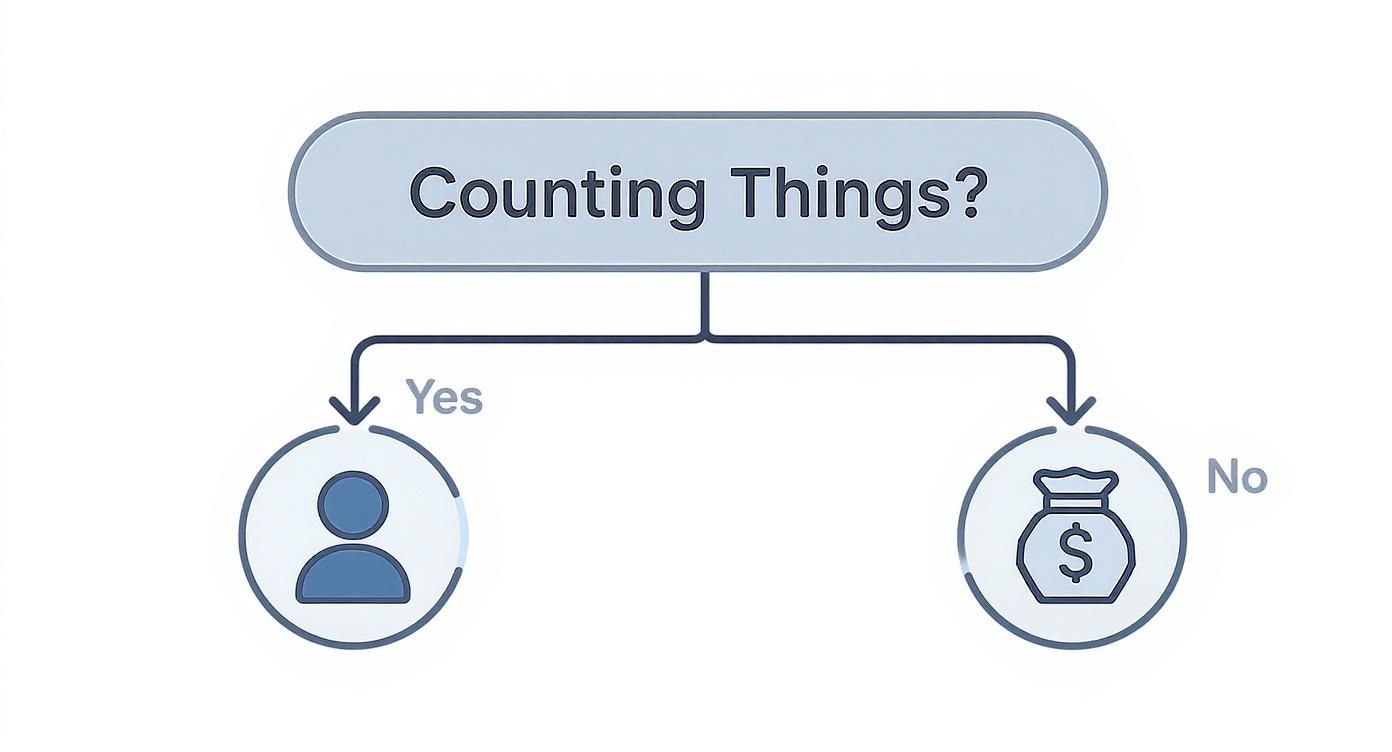 A simple flowchart asking "Counting Things?", with a "Yes" path to a person icon and a "No" path to a money bag icon.