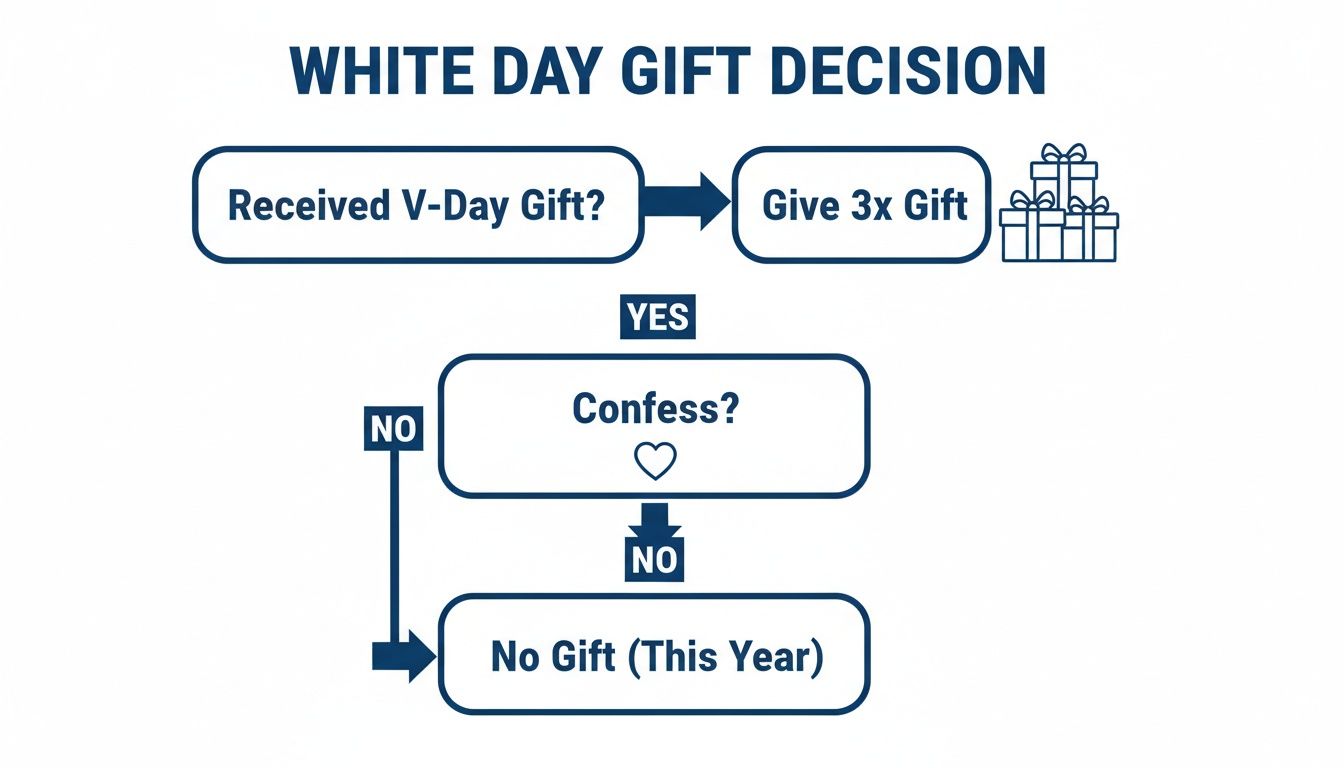White Day gift decision flowchart: based on receiving a Valentine's gift and a confession choice.