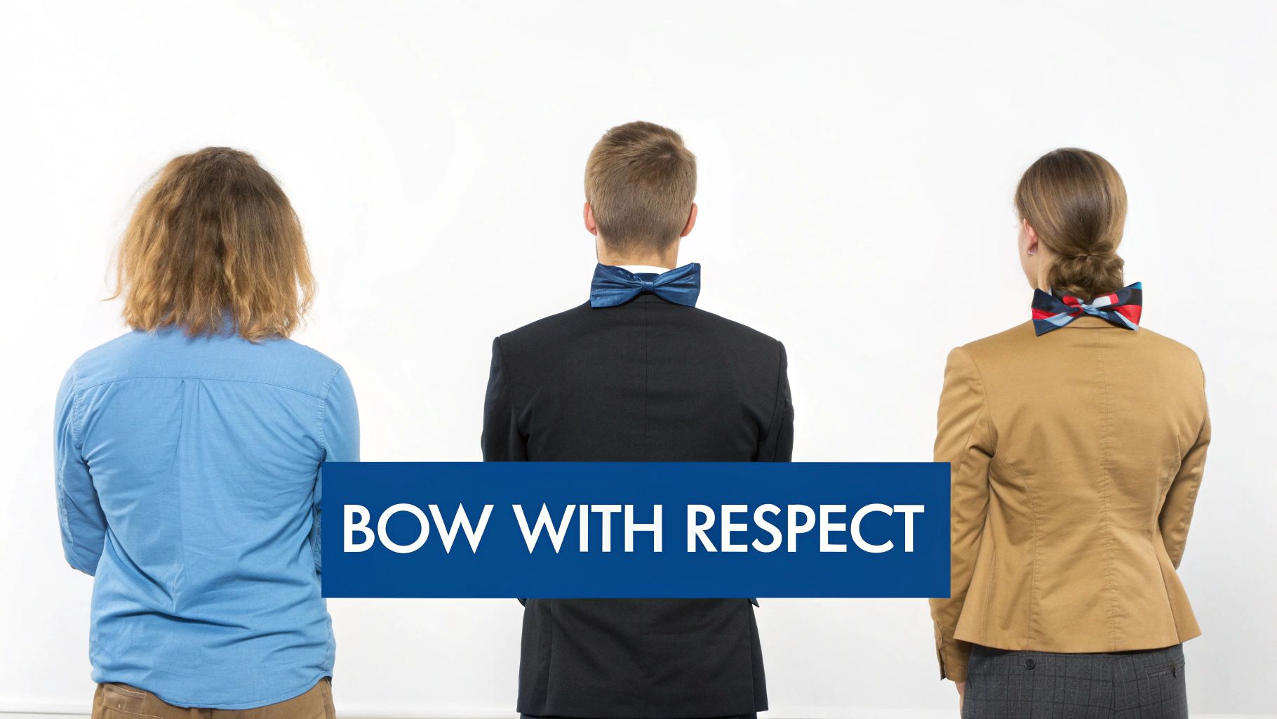 Three people, seen from behind, stand with a blue 'BOW WITH RESPECT' banner. Two wear bow ties.