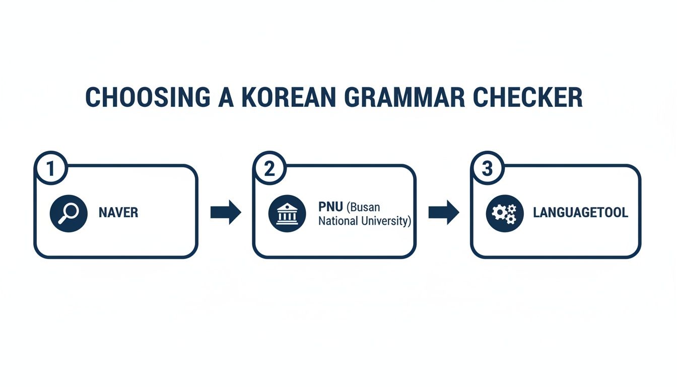 Flowchart illustrating steps for choosing a Korean grammar checker: Naver, PNU, and LanguageTool.
