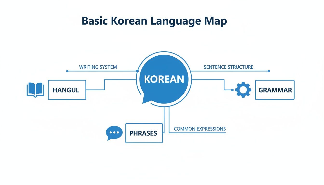 A diagram illustrating basic Korean language components including Hangul, Grammar, and Phrases.