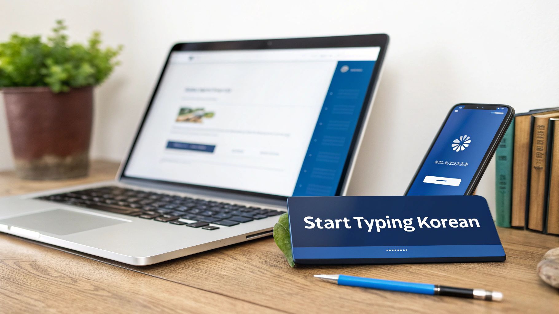 A laptop, smartphone, and a sign saying "Start Typing Korean" on a wooden desk.