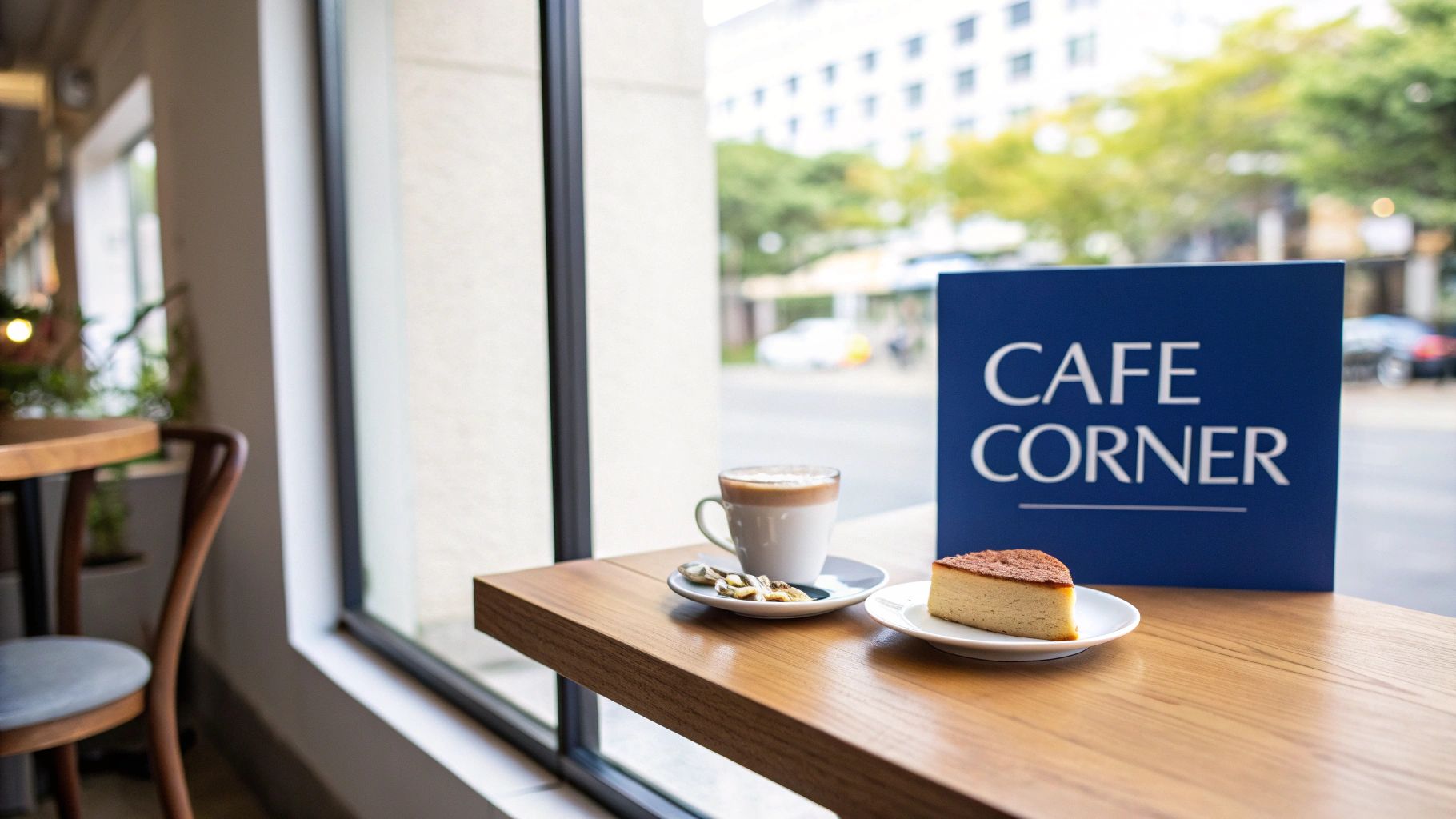 A cozy cafe window view with a cup of coffee, cheesecake, and a 'CAFE CORNER' sign.