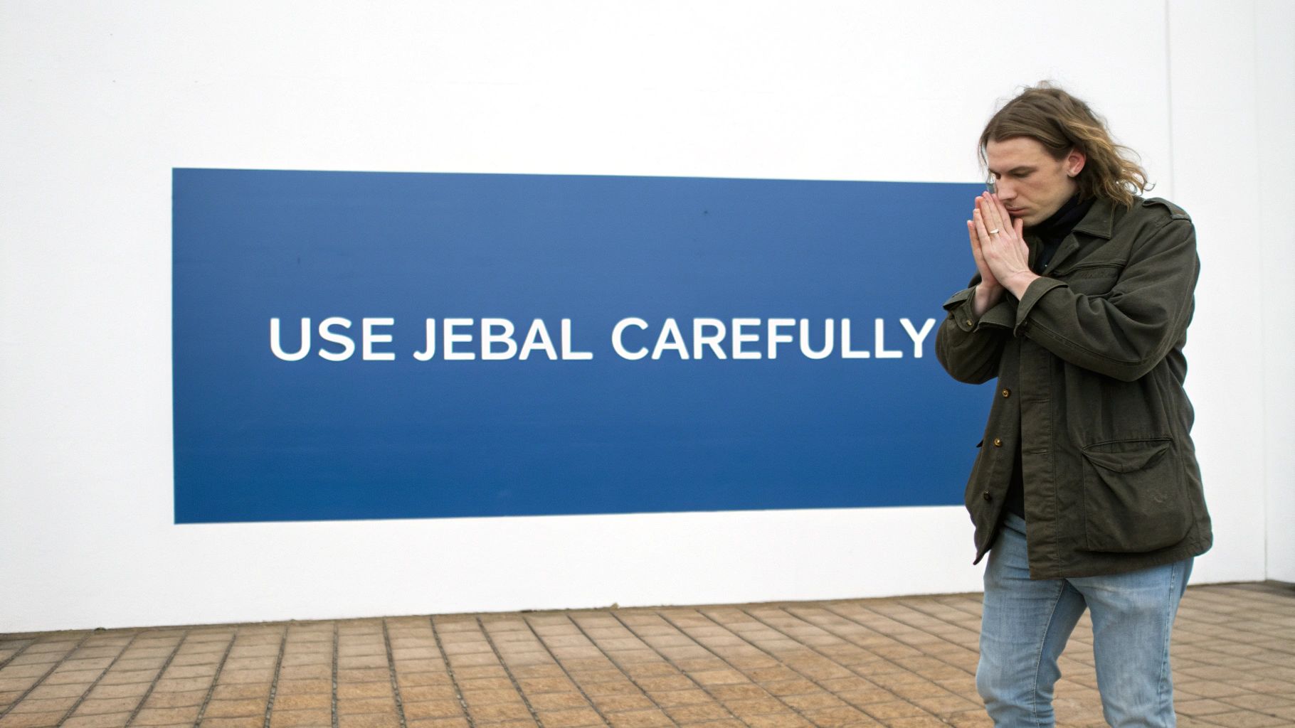 A man with long hair stands contemplatively before a blue sign that reads "USE JEBAL CAREFULLY."