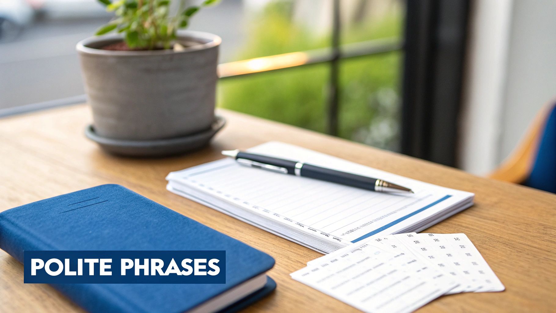 A desk with a blue notebook titled 'POLITE PHRASES', a pen, papers, and a plant.