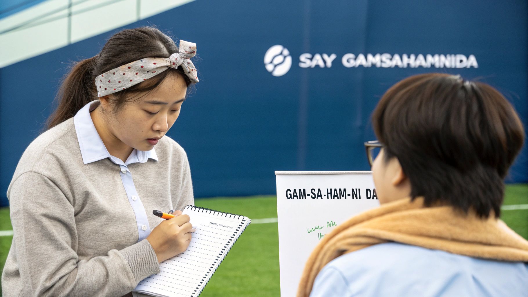 A young woman practices writing Korean, learning to say 'thank you' in a language class.