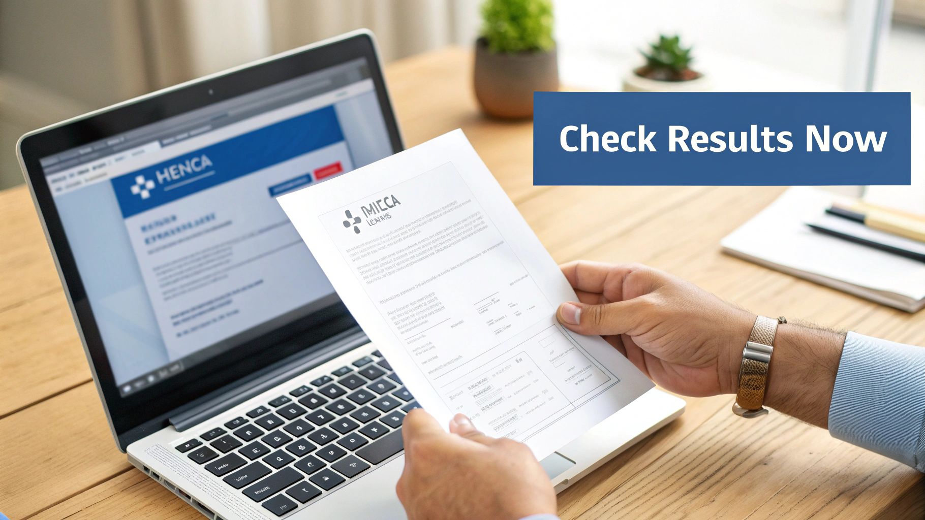 A person reviewing printed test results next to a laptop displaying an online portal.