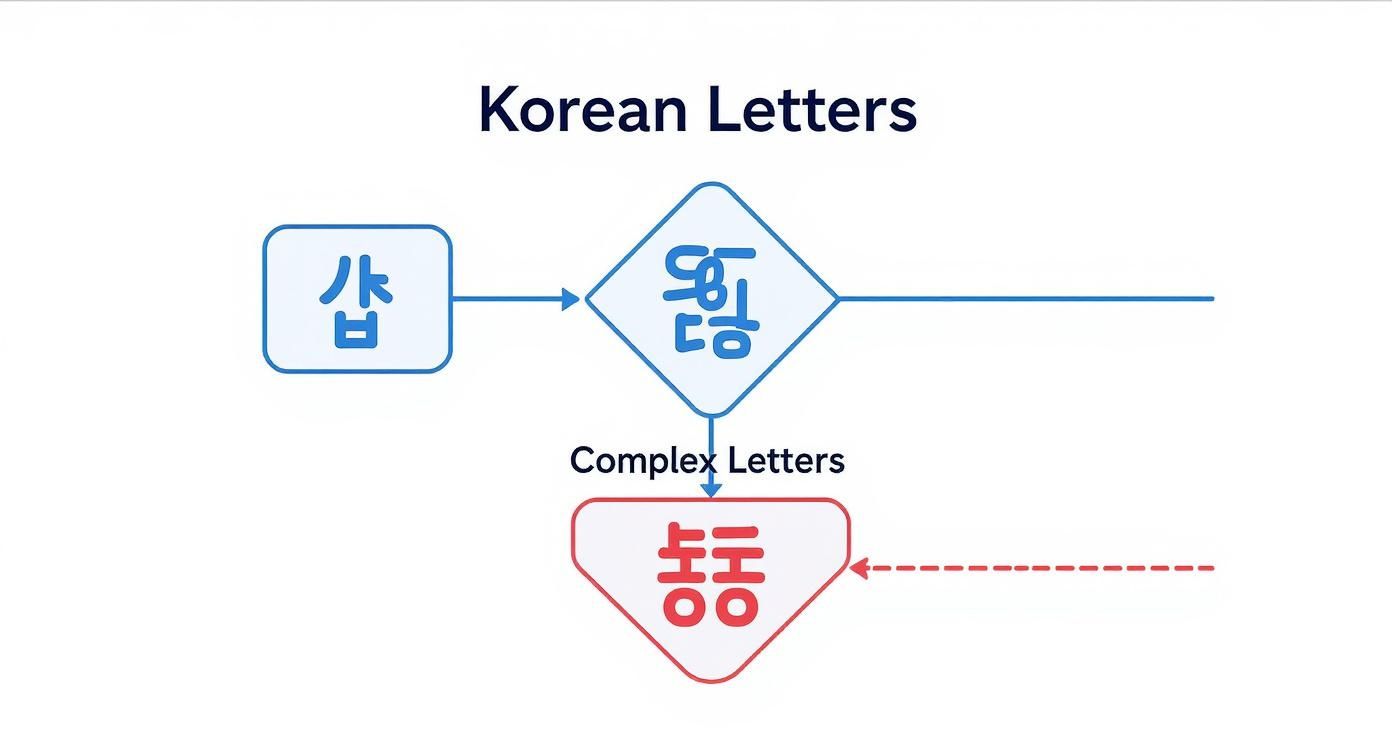 Korean alphabet flowchart showing simple letters forming complex letters with examples of hangul characters
