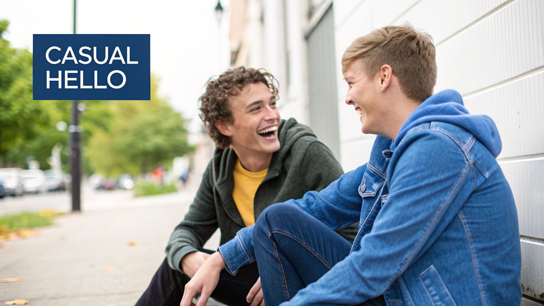 Two happy young men sitting on a sidewalk, laughing and talking casually on a sunny day.