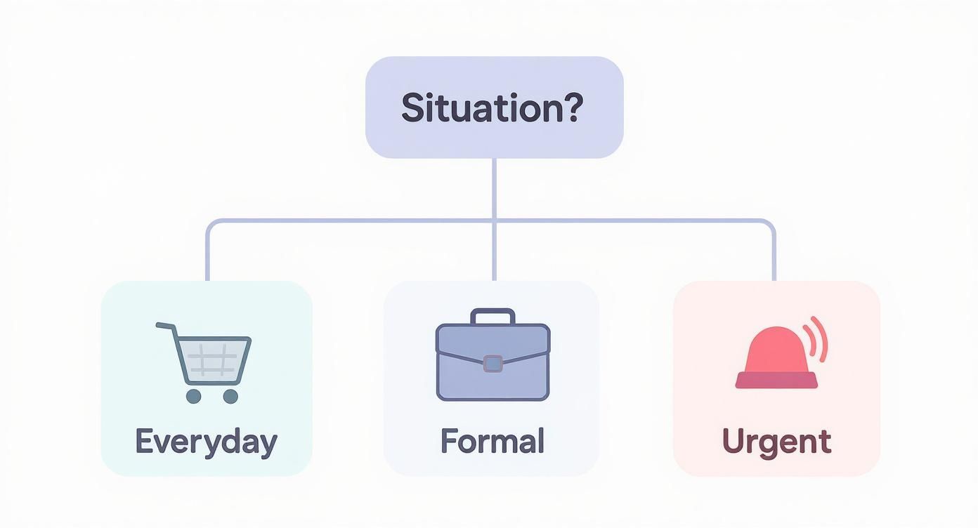 Flowchart showing situations: Everyday (shopping cart), Formal (briefcase), and Urgent (alarm).