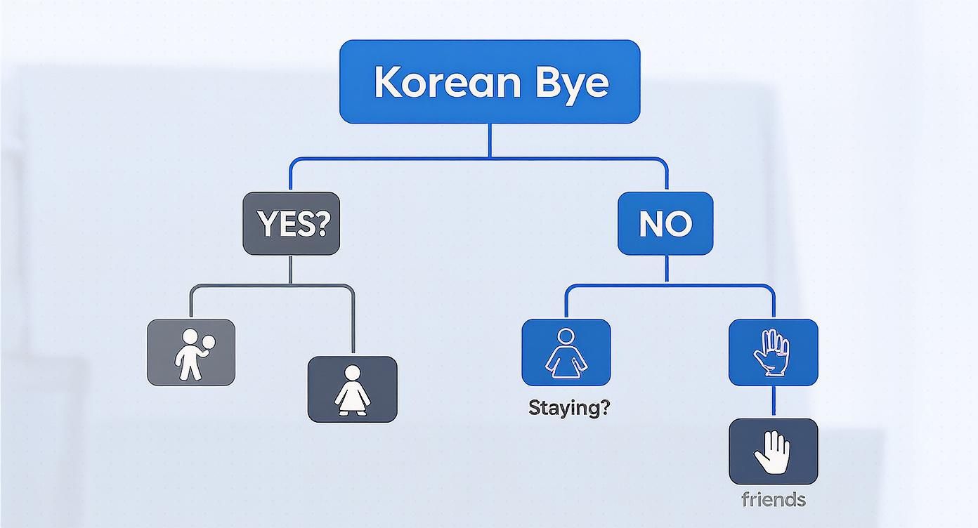 A humorous flowchart illustrating the complex, multi-step process of a 'Korean Bye'.