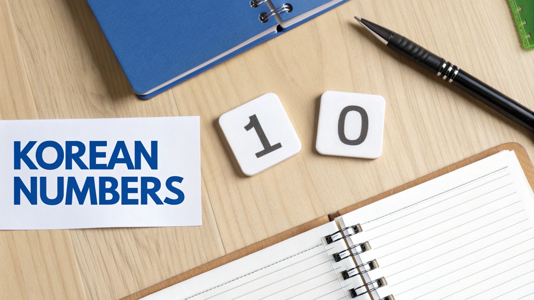 A flat lay with 'KOREAN NUMBERS' card, number 10 tiles, notebooks, and a pen.