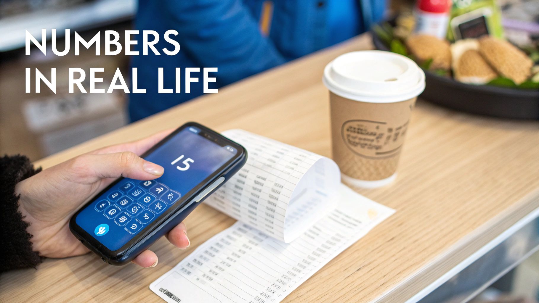 A hand holds a smartphone showing the number 15, next to a long receipt and coffee cup on a wooden counter.