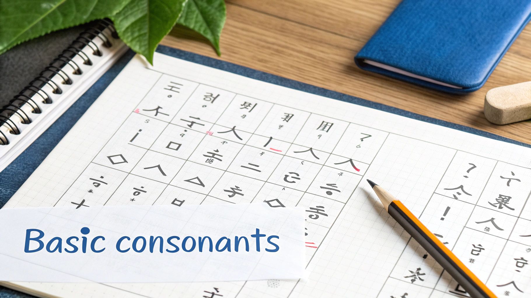A notebook displays a Hangul alphabet chart with Korean characters and 'Basic consonants' text, next to a pencil.