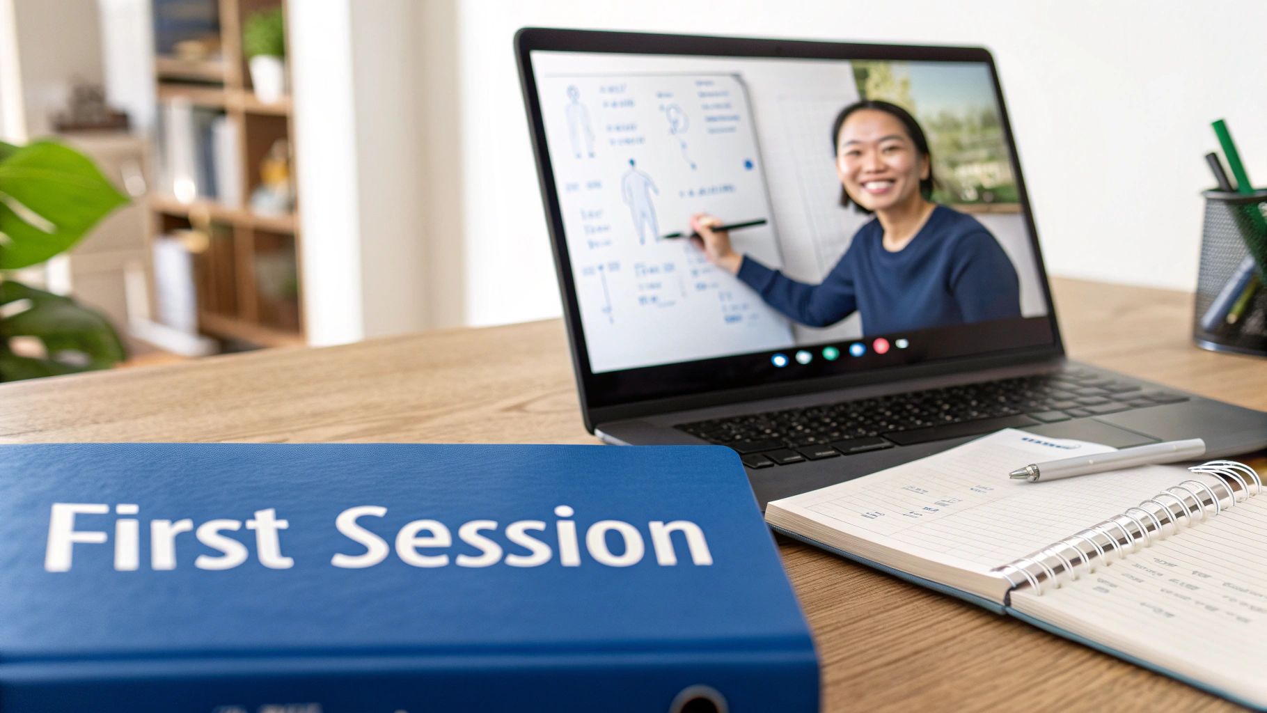 A student smiles while attending an online Korean tutoring session on her laptop.