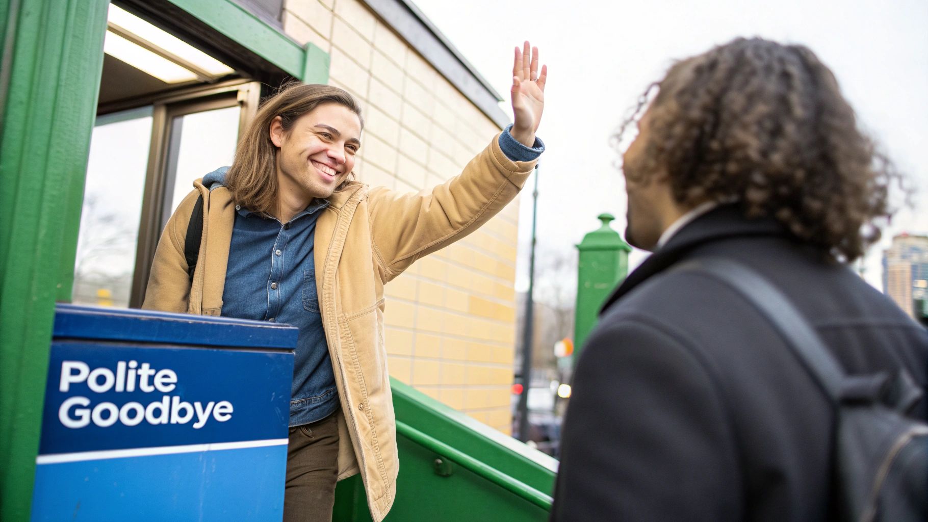 Two people bowing slightly as they part ways
