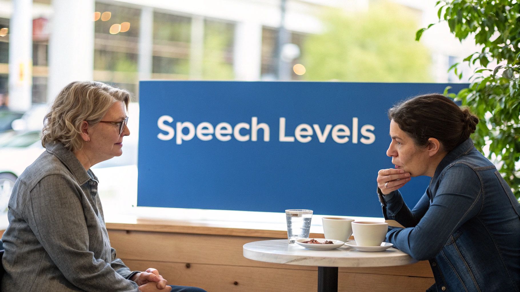 Two women converse attentively over coffee at a table with a 'Speech Levels' sign.