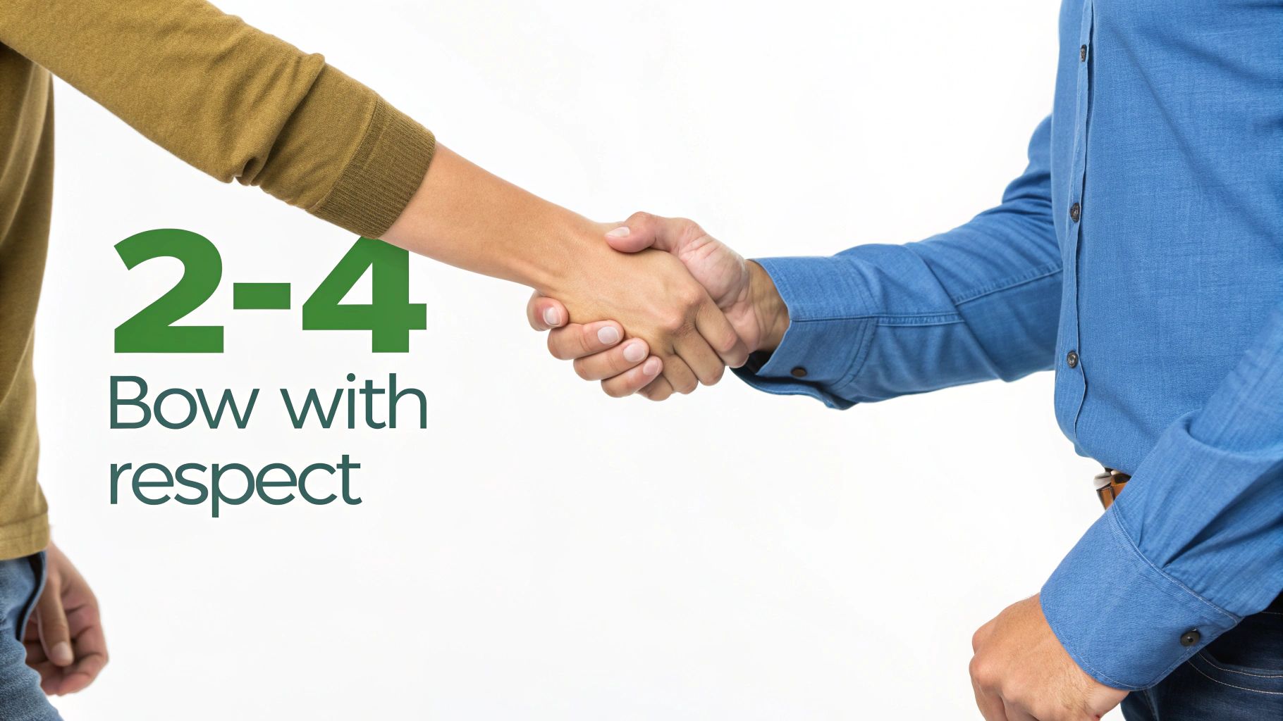Two people shaking hands, with text '2-4 Bow with respect' suggesting a greeting or etiquette.