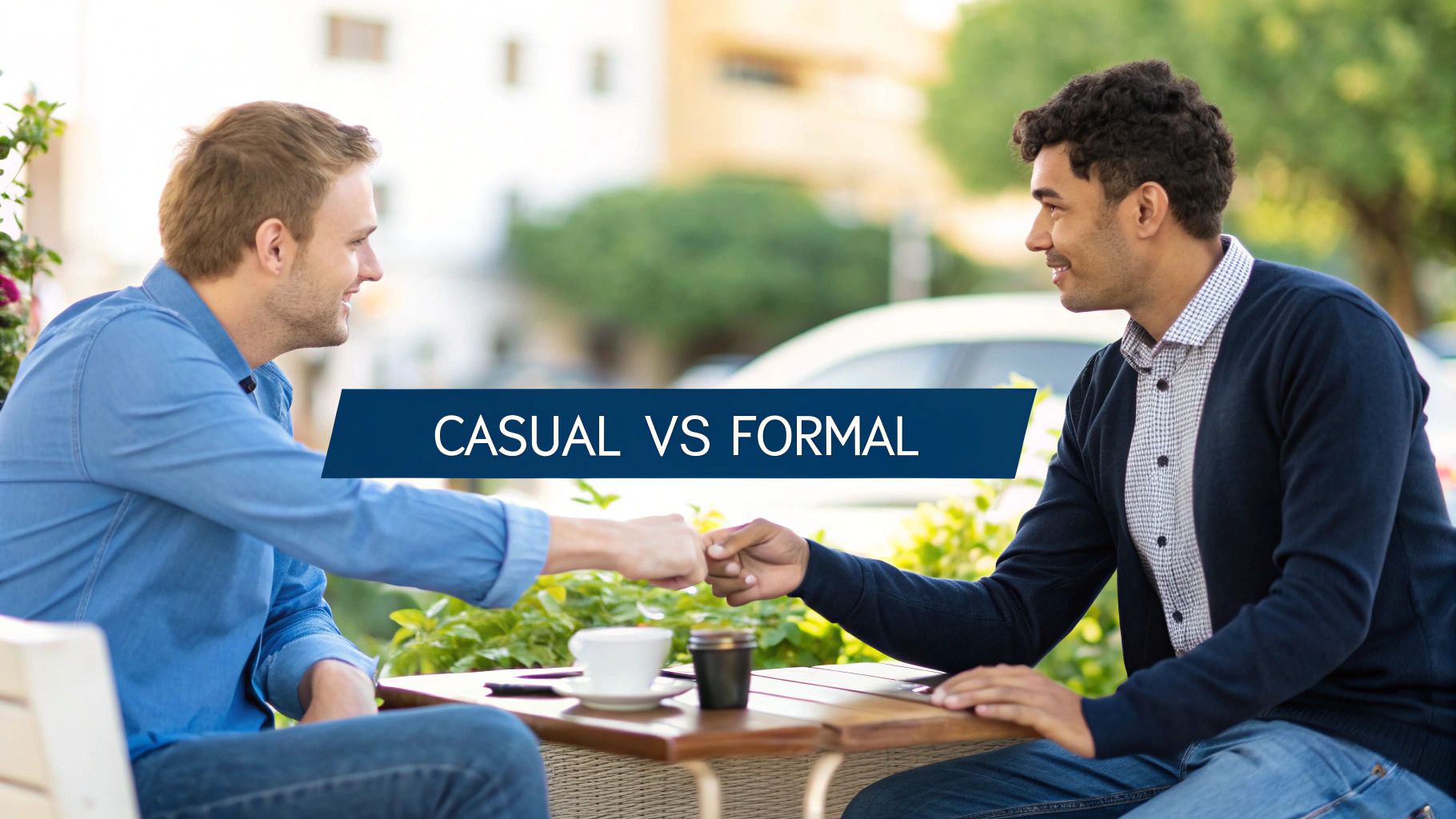 Two men, one casual, one smart-casual, fist-bumping at a cafe, illustrating casual vs formal styles.