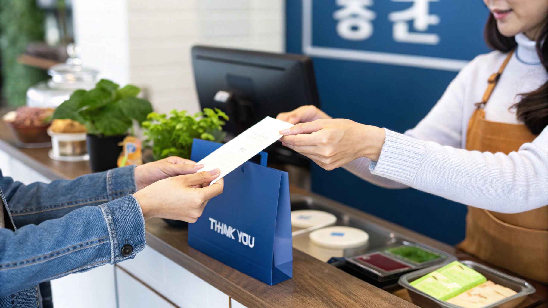 Hands exchanging a receipt and a blue 'THANK YOU' bag during a retail transaction.