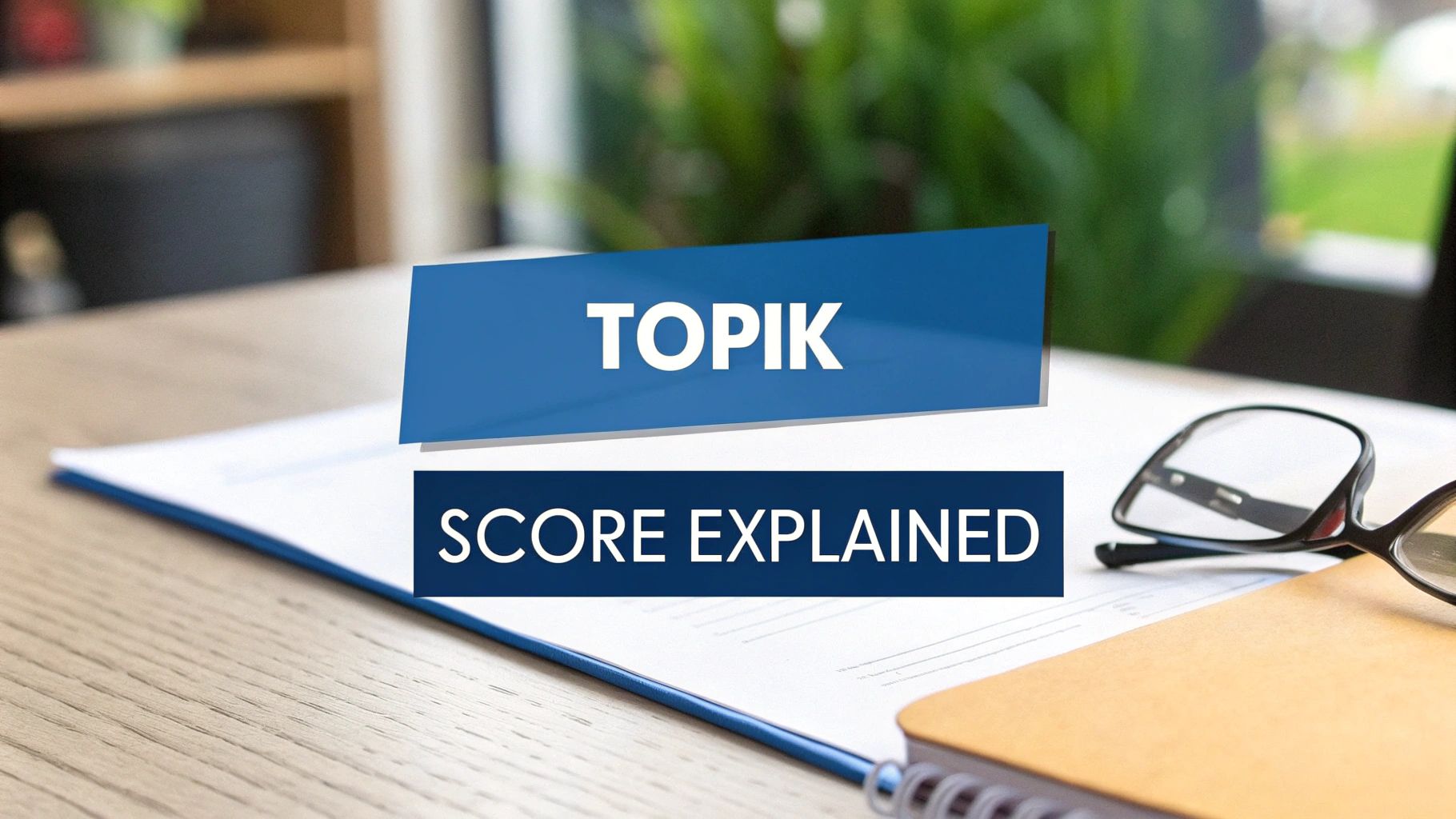 A blue banner reads 'TOPIK Score Explained' on a desk with a document folder and glasses.